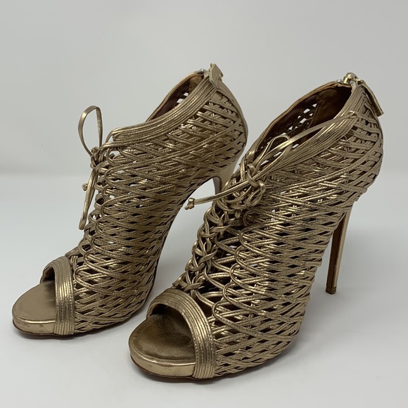 Gold Tabitha Simmons open toe zipper back heels - Picture 2 of 7
